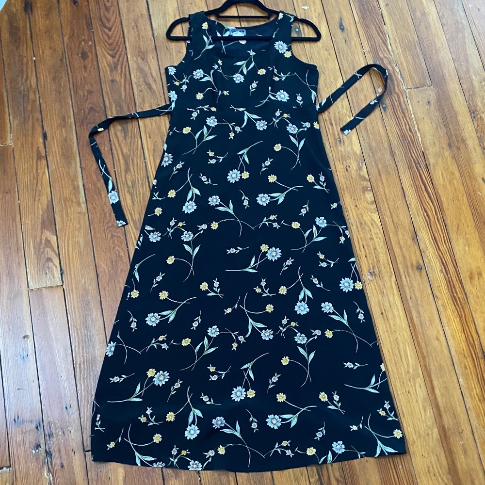 90's Vintage Maxi Dress Black Floral Grunge - Urban Life - Small